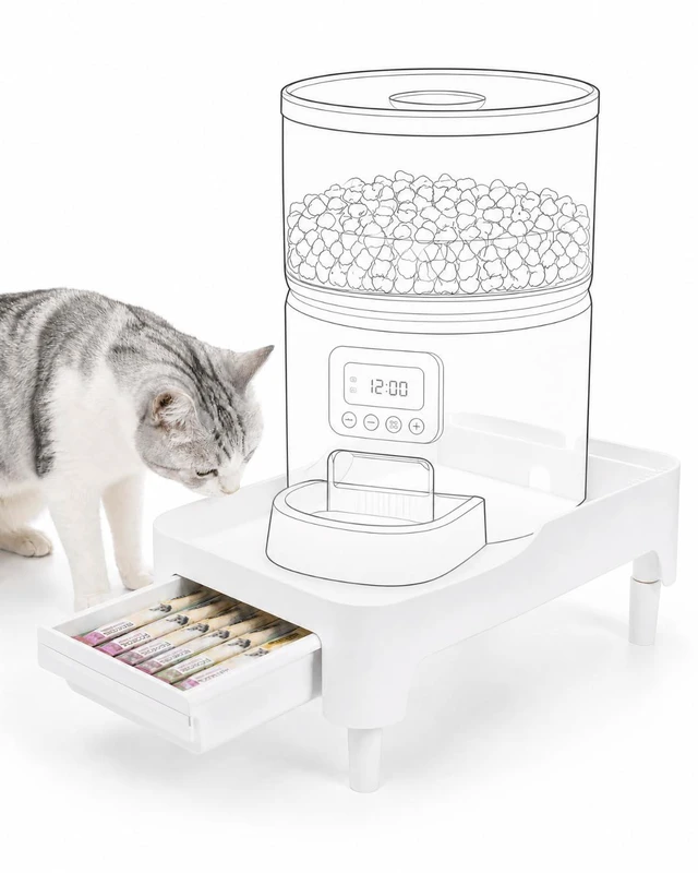 Main image of Adjustable Elevated Automatic Pet Feeder Stand with Storage Drawer | Ergonomic Adjustable Stand Protects Pet Spine and Digestion with Built-in Storage Drawer and Cord Slot