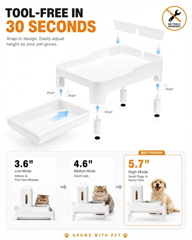 Alt view image 5 of 7 - Adjustable Elevated Automatic Pet Feeder Stand with Storage Drawer | Ergonomic Adjustable Stand Protects Pet Spine and Digestion with Built-in Storage Drawer and Cord Slot