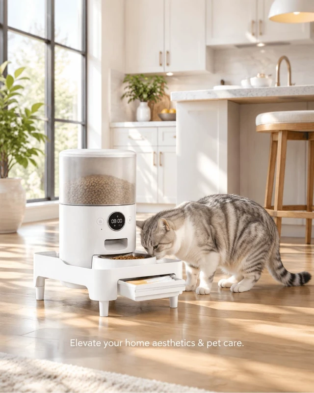 Alt view image 7 of 7 - Adjustable Elevated Automatic Pet Feeder Stand with Storage Drawer | Ergonomic Adjustable Stand Protects Pet Spine and Digestion with Built-in Storage Drawer and Cord Slot