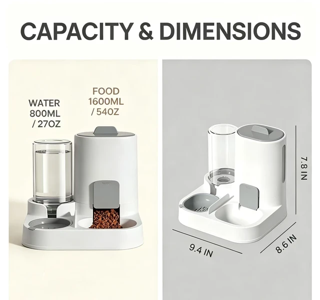 Alt view image 2 of 6 - 2-in-1 Automatic Pet Feeder, 1600ml Food Dispenser with 800ml Water Dispenser for Cats and Dogs, Going Out at Home (Grey)