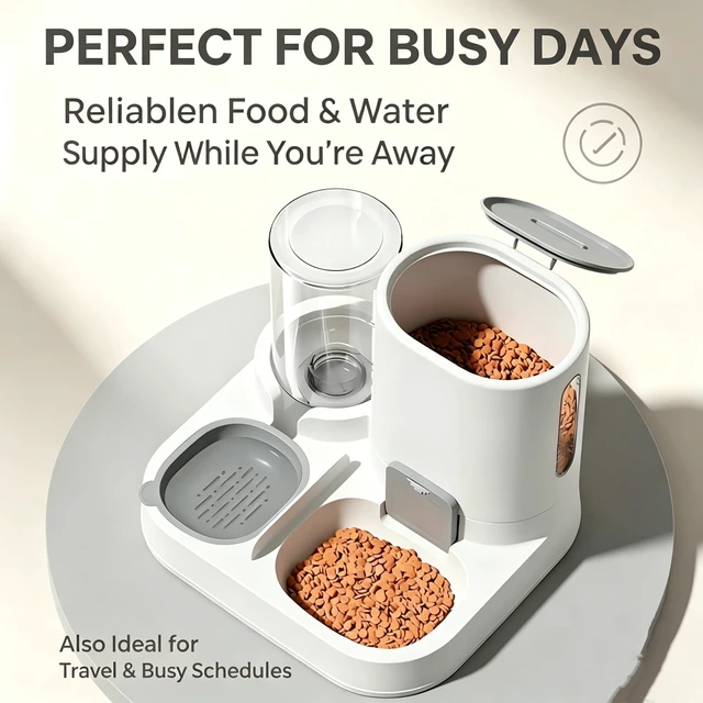 Alt view image 3 of 6 - 2-in-1 Automatic Pet Feeder, 1600ml Food Dispenser with 800ml Water Dispenser for Cats and Dogs, Going Out at Home (Grey)