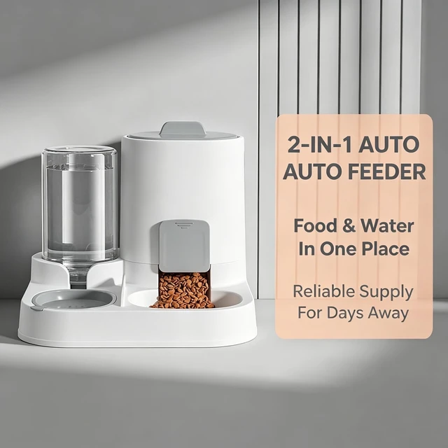 Alt view image 4 of 6 - 2-in-1 Automatic Pet Feeder, 1600ml Food Dispenser with 800ml Water Dispenser for Cats and Dogs, Going Out at Home (Grey)