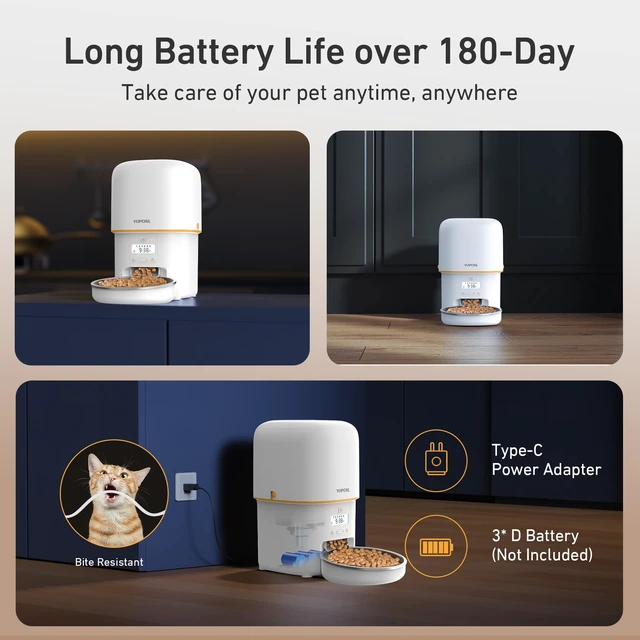 Alt view image 7 of 7 - Automatic Cat Feeder, 3L Cat Food Dispenser with Anti-Jam Design, Over 180-day Battery Life, 1-6 Meals Per Day with Stainless Steel Cat Bowl, Keep Dry Food Fresh, Timed Pet Feeder Also for Small Dog