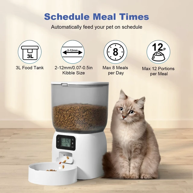 Alt view image 2 of 7 - Automatic Cat Feeder, Timed CatDog Dry Food Dispenser | 3L,Easy to Setup and Clean,10s Voice Recorder,8 Meals daily,Precise Portion,Dual Power Supply,Power-off Memory