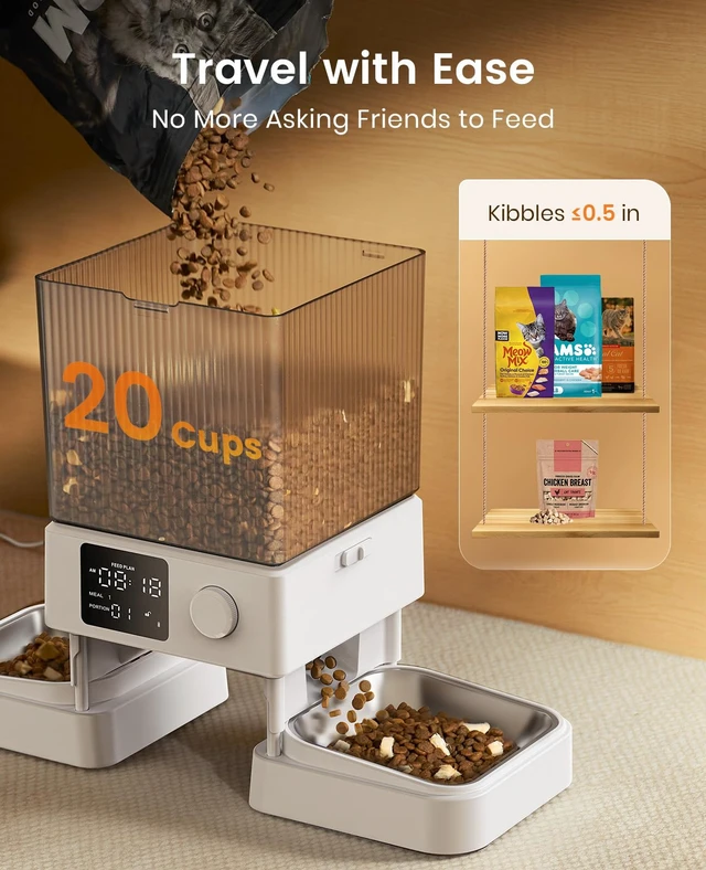 Alt view image 4 of 7 - Automatic Cat Feeder for 2 Cats Pets, Timed Cat Food Dispenser | 20 Cups/5L, Prevent Fighting, Precise Portion, Balanced Dispense, Non-Slip & Stable, Voice Recorder, Stainless Steel Bowls