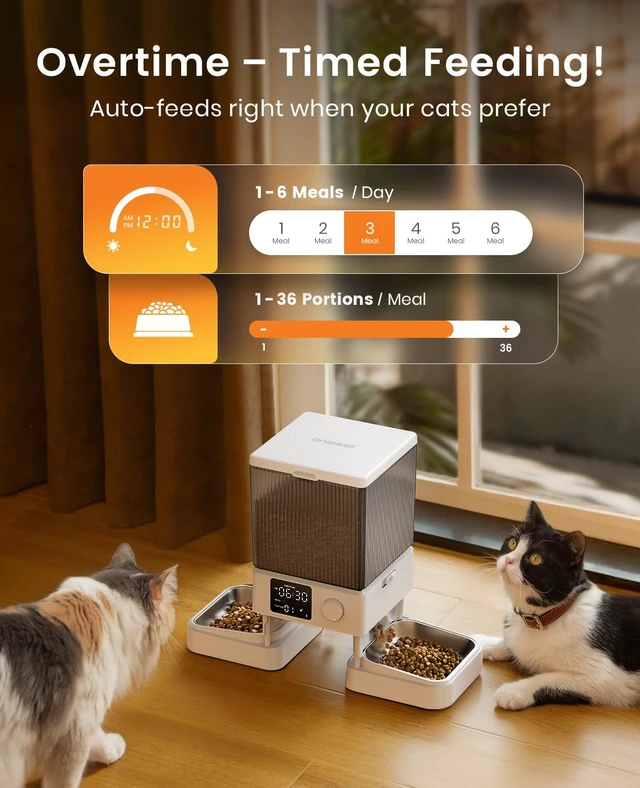 Alt view image 7 of 7 - Automatic Cat Feeder for 2 Cats Pets, Timed Cat Food Dispenser | 20 Cups/5L, Prevent Fighting, Precise Portion, Balanced Dispense, Non-Slip & Stable, Voice Recorder, Stainless Steel Bowls