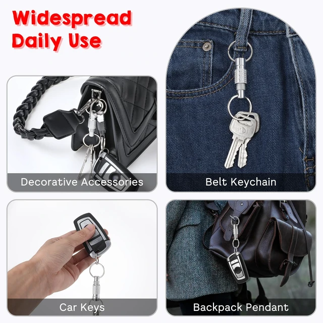 Alt view image 6 of 7 - Quick Release Keychain for Men, Detachable Keychains Quick Release, Pull Apart Keyring with 2 Split Rings, Metal Safety Keychain for Car Purse Bag Accessories (Black Silver, 2Pack)