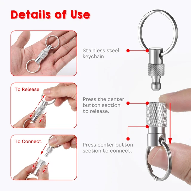 Alt view image 4 of 7 - Quick Release Keychain for Men, Detachable Keychains Quick Release, Pull Apart Keyring with 2 Split Rings, Metal Safety Keychain for Car Purse Bag Accessories (Black Silver, 2Pack)