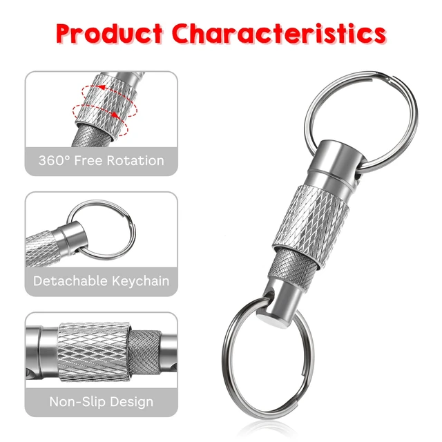 Alt view image 3 of 7 - Quick Release Keychain for Men, Detachable Keychains Quick Release, Pull Apart Keyring with 2 Split Rings, Metal Safety Keychain for Car Purse Bag Accessories (Black Silver, 2Pack)