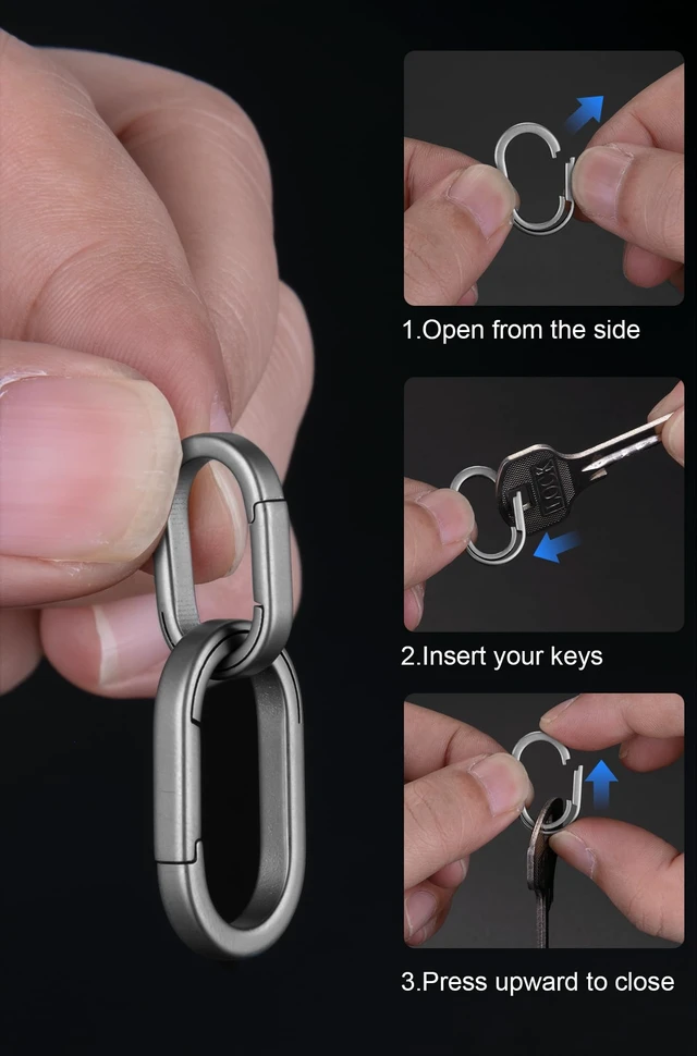 Alt view image 4 of 7 - Titanium Key Ring Side Pushing, Small Keychain Connector, 2 Pcs | Mini EDC Key Ring Quick Release for Men & Women, Everyday Carry, Car Fob, Multitool, Flashlight, Tool, Grey, S