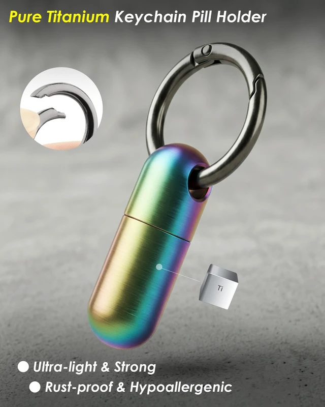 Alt view image 2 of 7 - Titanium Keychain Pill Holder, Waterproof Small Single Pill Case for Nitro | Quick Release Carabiner, Medical Emergency for Aspirin, EDC Travel, Travel Mini Pill Box for Purse, Gift for Men & Women