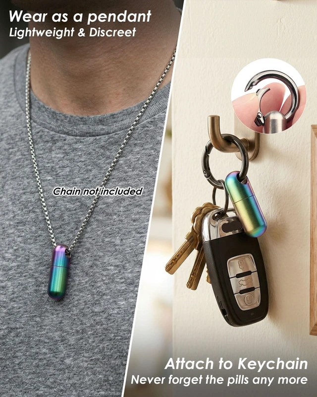 Alt view image 5 of 7 - Titanium Keychain Pill Holder, Waterproof Small Single Pill Case for Nitro | Quick Release Carabiner, Medical Emergency for Aspirin, EDC Travel, Travel Mini Pill Box for Purse, Gift for Men & Women