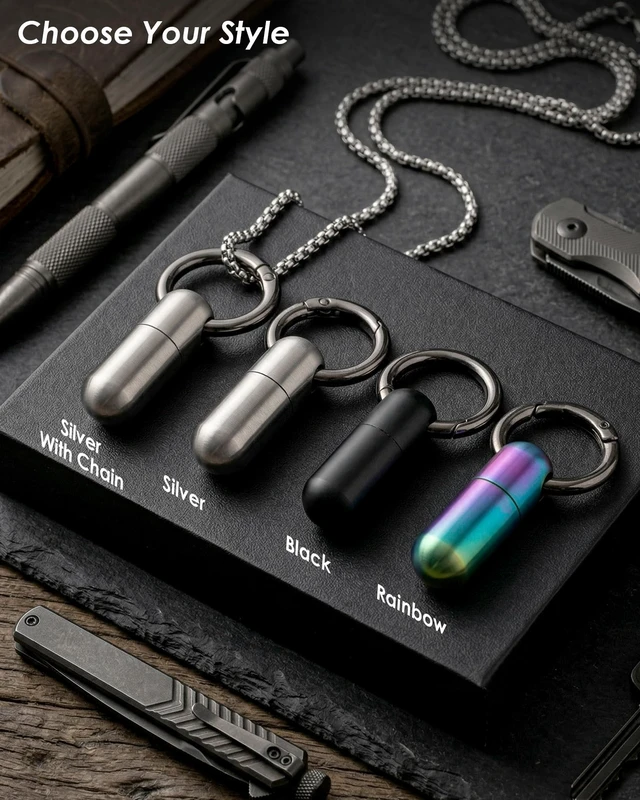 Alt view image 7 of 7 - Titanium Keychain Pill Holder, Waterproof Small Single Pill Case for Nitro | Quick Release Carabiner, Medical Emergency for Aspirin, EDC Travel, Travel Mini Pill Box for Purse, Gift for Men & Women