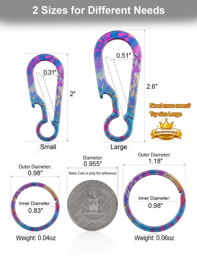 Alt view image 2 of 7 - Titanium Carabiner Keychain Clip Key Rings, Purple Blue, 2/2.6 Inch | Small Carabiner Clips, Bottle Opener Keychain, Heavy Duty Key Holder, Ultra Lightweight, Quick Release Key Chain Gift for Men
