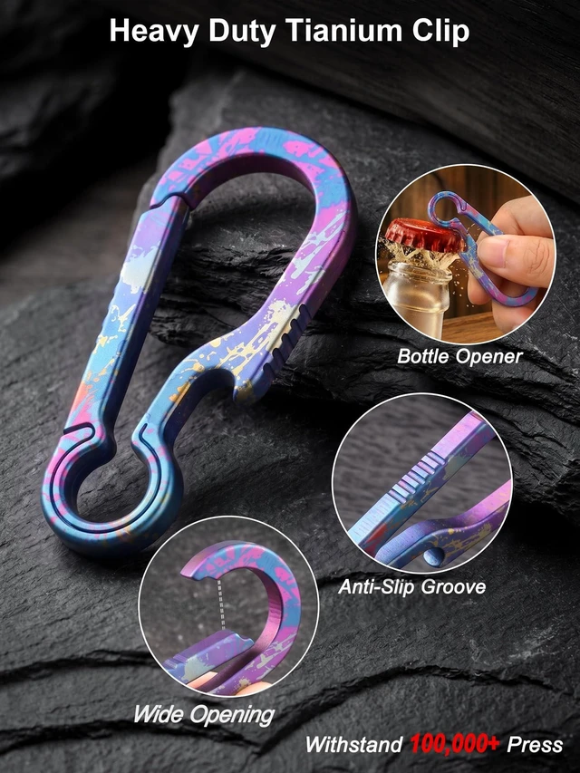 Alt view image 3 of 7 - Titanium Carabiner Keychain Clip Key Rings, Purple Blue, 2/2.6 Inch | Small Carabiner Clips, Bottle Opener Keychain, Heavy Duty Key Holder, Ultra Lightweight, Quick Release Key Chain Gift for Men
