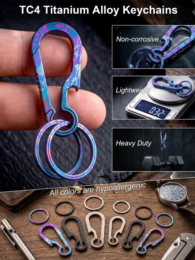 Alt view image 5 of 7 - Titanium Carabiner Keychain Clip Key Rings, Purple Blue, 2/2.6 Inch | Small Carabiner Clips, Bottle Opener Keychain, Heavy Duty Key Holder, Ultra Lightweight, Quick Release Key Chain Gift for Men