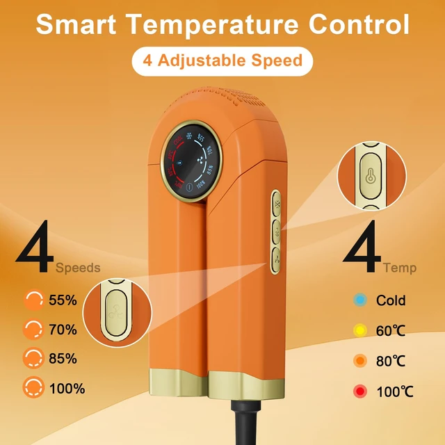 Alt view image 4 of 7 - High Speed Hair Dryer with Detachable Comb, 110,000 RPM Folding Fast-Dry with 300M Negative Ions, LED Display, 4 Heat & Speed, Portable & Hair Nourishing, Ionic Hair Dryer for Women Men