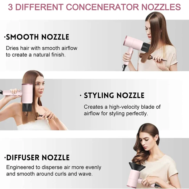 Alt view image 3 of 7 - Professional Ionic Hair Dryer, Powerful 1800W Fast Drying Low Noise Blow Dryer with 2 Concentrator Nozzle 1 Diffuser Attachments for Home Salon Travel (Pottery Pink and Rose Gold)
