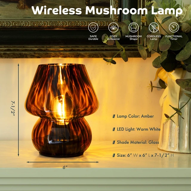 Alt view image 2 of 7 - Battery Operated Mushroom Lamp - Vintage Small Table Lamp with Timer, Cordless Bedside Nightstand Lamp, Glass Battery Powered Lamp for Bedroom Kitchen Living Room Shelf Decor Aesthetic Amber