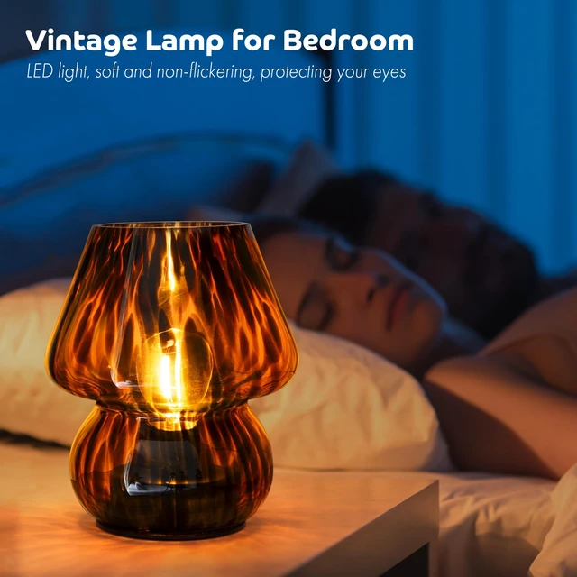 Alt view image 3 of 7 - Battery Operated Mushroom Lamp - Vintage Small Table Lamp with Timer, Cordless Bedside Nightstand Lamp, Glass Battery Powered Lamp for Bedroom Kitchen Living Room Shelf Decor Aesthetic Amber