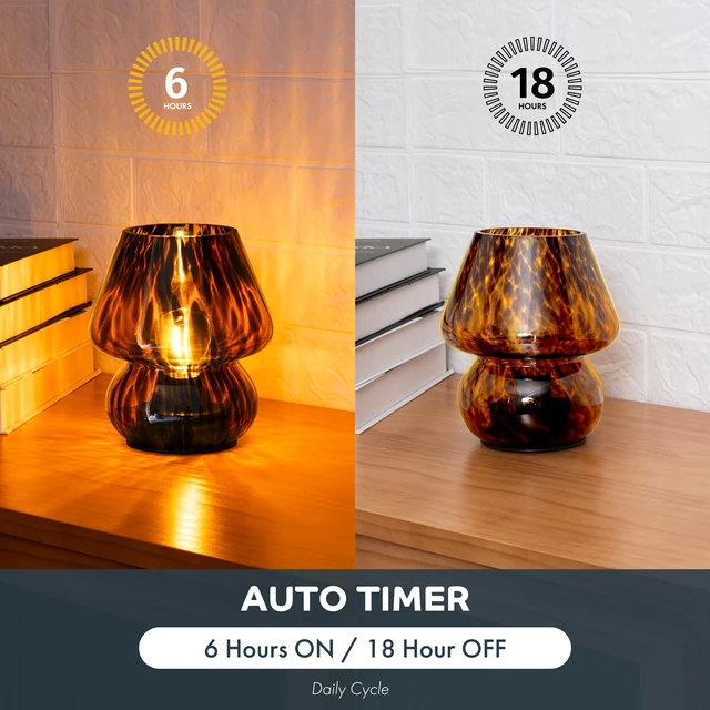 Alt view image 4 of 7 - Battery Operated Mushroom Lamp - Vintage Small Table Lamp with Timer, Cordless Bedside Nightstand Lamp, Glass Battery Powered Lamp for Bedroom Kitchen Living Room Shelf Decor Aesthetic Amber