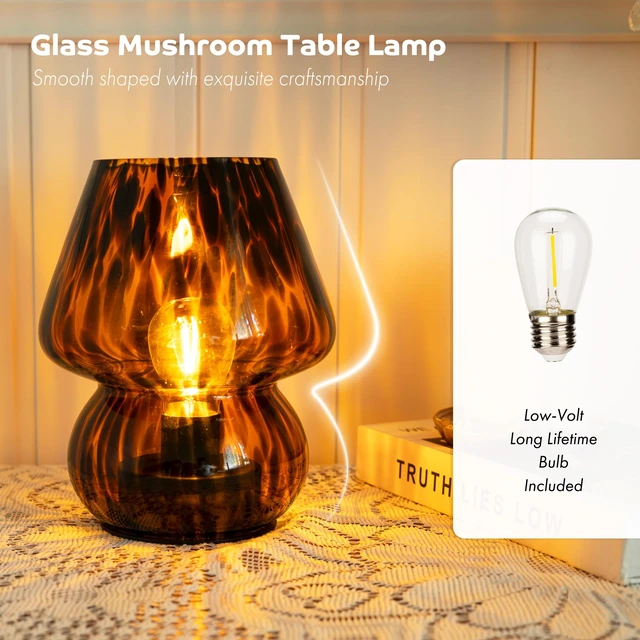Alt view image 5 of 7 - Battery Operated Mushroom Lamp - Vintage Small Table Lamp with Timer, Cordless Bedside Nightstand Lamp, Glass Battery Powered Lamp for Bedroom Kitchen Living Room Shelf Decor Aesthetic Amber
