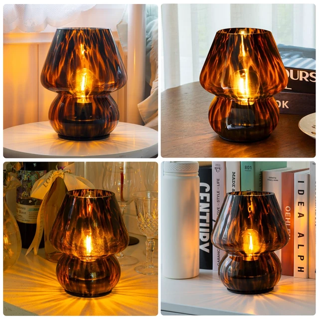 Alt view image 7 of 7 - Battery Operated Mushroom Lamp - Vintage Small Table Lamp with Timer, Cordless Bedside Nightstand Lamp, Glass Battery Powered Lamp for Bedroom Kitchen Living Room Shelf Decor Aesthetic Amber