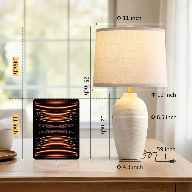 Alt view image 2 of 7 - 25 Modern Farmhouse Traditional Ceramic Table Lamp | Rotary Switch Bedside Lamp with Textured Finish, Rustic Nightstand Lamps for Bedroom End Table, Bulb Included