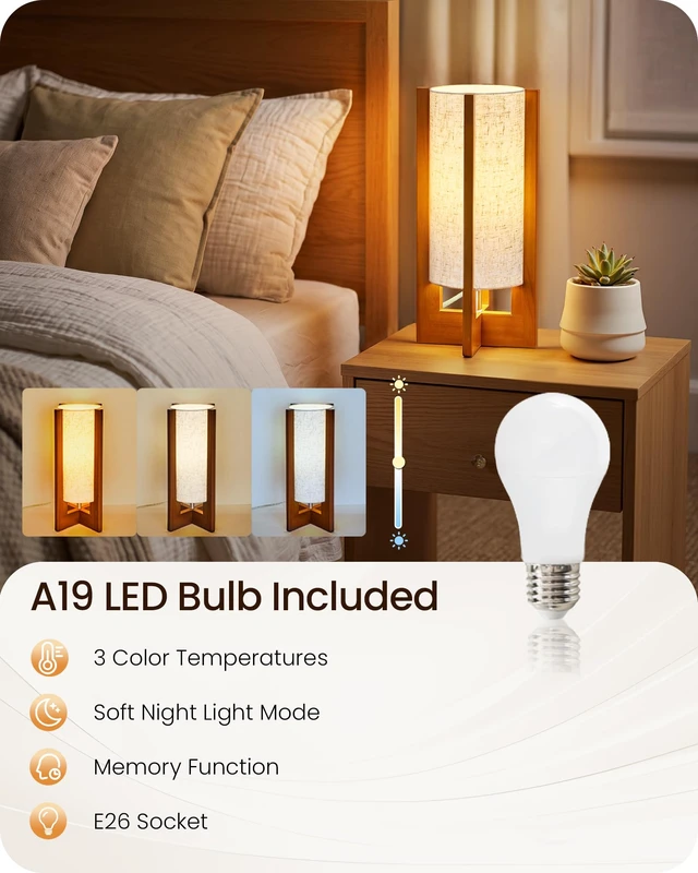 Alt view image 2 of 7 - Small Table Lamp, 13.4" Modern Wood Table Lamp with A19 LED Bulb | 3 Color Temperatures & Night Light, Beige Linen Shade, Wooden Base, E26 Bedside Nightstand Lamp for Bedroom, Living Room