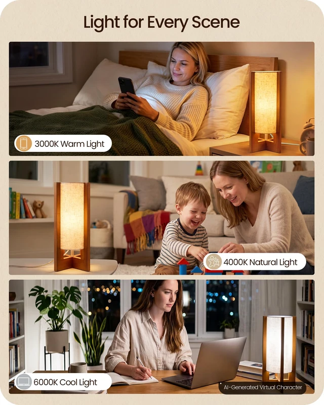 Alt view image 3 of 7 - Small Table Lamp, 13.4" Modern Wood Table Lamp with A19 LED Bulb | 3 Color Temperatures & Night Light, Beige Linen Shade, Wooden Base, E26 Bedside Nightstand Lamp for Bedroom, Living Room