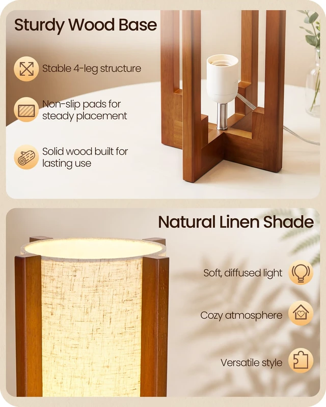 Alt view image 5 of 7 - Small Table Lamp, 13.4" Modern Wood Table Lamp with A19 LED Bulb | 3 Color Temperatures & Night Light, Beige Linen Shade, Wooden Base, E26 Bedside Nightstand Lamp for Bedroom, Living Room