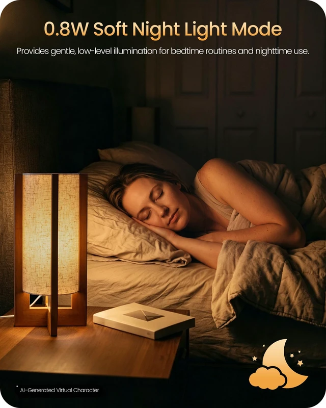 Alt view image 4 of 7 - Small Table Lamp, 13.4" Modern Wood Table Lamp with A19 LED Bulb | 3 Color Temperatures & Night Light, Beige Linen Shade, Wooden Base, E26 Bedside Nightstand Lamp for Bedroom, Living Room
