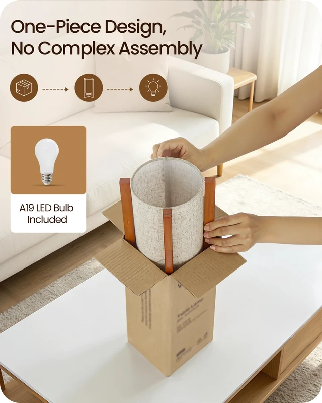 Alt view image 6 of 7 - Small Table Lamp, 13.4" Modern Wood Table Lamp with A19 LED Bulb | 3 Color Temperatures & Night Light, Beige Linen Shade, Wooden Base, E26 Bedside Nightstand Lamp for Bedroom, Living Room
