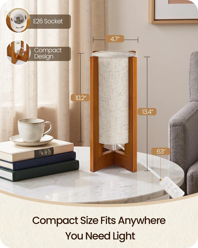 Alt view image 7 of 7 - Small Table Lamp, 13.4" Modern Wood Table Lamp with A19 LED Bulb | 3 Color Temperatures & Night Light, Beige Linen Shade, Wooden Base, E26 Bedside Nightstand Lamp for Bedroom, Living Room