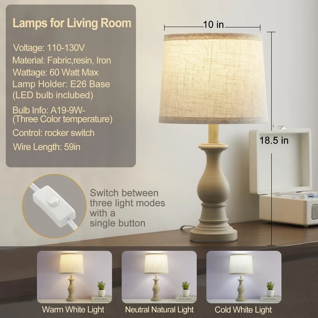 Alt view image 2 of 7 - Table Lamps Set of 2, 18.5" Vintage Bedside Lamps for Bedroom Living Room | Farmhouse Nightstand Lamps with Linen Shades, 3 Color Temperature Switchable, Includes 2 LED Bulbs, Antique White Base