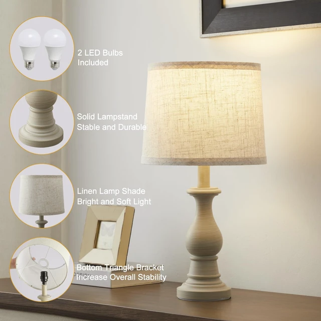 Alt view image 3 of 7 - Table Lamps Set of 2, 18.5" Vintage Bedside Lamps for Bedroom Living Room | Farmhouse Nightstand Lamps with Linen Shades, 3 Color Temperature Switchable, Includes 2 LED Bulbs, Antique White Base