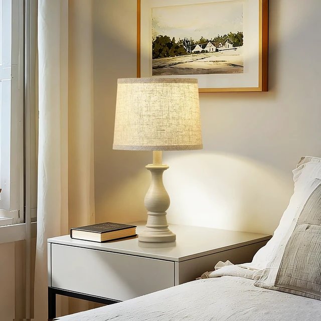 Alt view image 5 of 7 - Table Lamps Set of 2, 18.5" Vintage Bedside Lamps for Bedroom Living Room | Farmhouse Nightstand Lamps with Linen Shades, 3 Color Temperature Switchable, Includes 2 LED Bulbs, Antique White Base