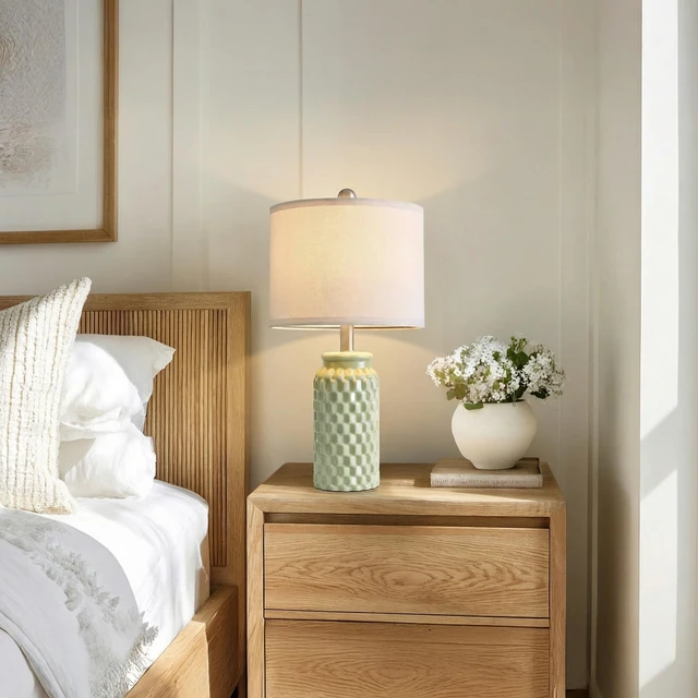 Alt view image 2 of 7 - 20.5" Small Bedside Lamps Set of 2, Green Ceramic Nightstand Lamp | Modern Lamps for Bedroom, 3D Honeycomb End Table Lamp, Farmhouse Boho Lamps for Living Room, Stylish Home Decor, 5FT Cord
