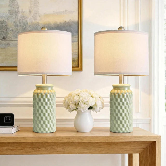 Main image of 20.5" Small Bedside Lamps Set of 2, Green Ceramic Nightstand Lamp | Modern Lamps for Bedroom, 3D Honeycomb End Table Lamp, Farmhouse Boho Lamps for Living Room, Stylish Home Decor, 5FT Cord