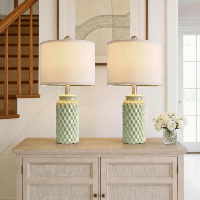 Alt view image 4 of 7 - 20.5" Small Bedside Lamps Set of 2, Green Ceramic Nightstand Lamp | Modern Lamps for Bedroom, 3D Honeycomb End Table Lamp, Farmhouse Boho Lamps for Living Room, Stylish Home Decor, 5FT Cord