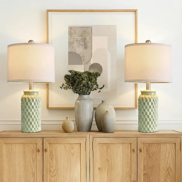 Alt view image 7 of 7 - 20.5" Small Bedside Lamps Set of 2, Green Ceramic Nightstand Lamp | Modern Lamps for Bedroom, 3D Honeycomb End Table Lamp, Farmhouse Boho Lamps for Living Room, Stylish Home Decor, 5FT Cord