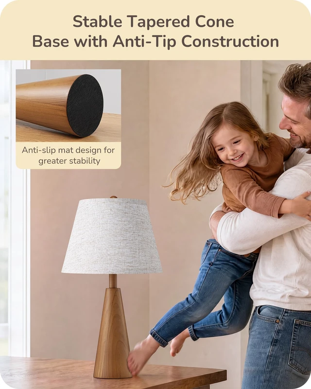 Alt view image 2 of 7 - Mid Century Table Lamp, Tapered Walnut Wood Base, E26 Socket | 22Inch High, Beige Linen Lampshade, ON-OFF Switch, Tall Bedside Lamp for Living Room, Bedroom, Office