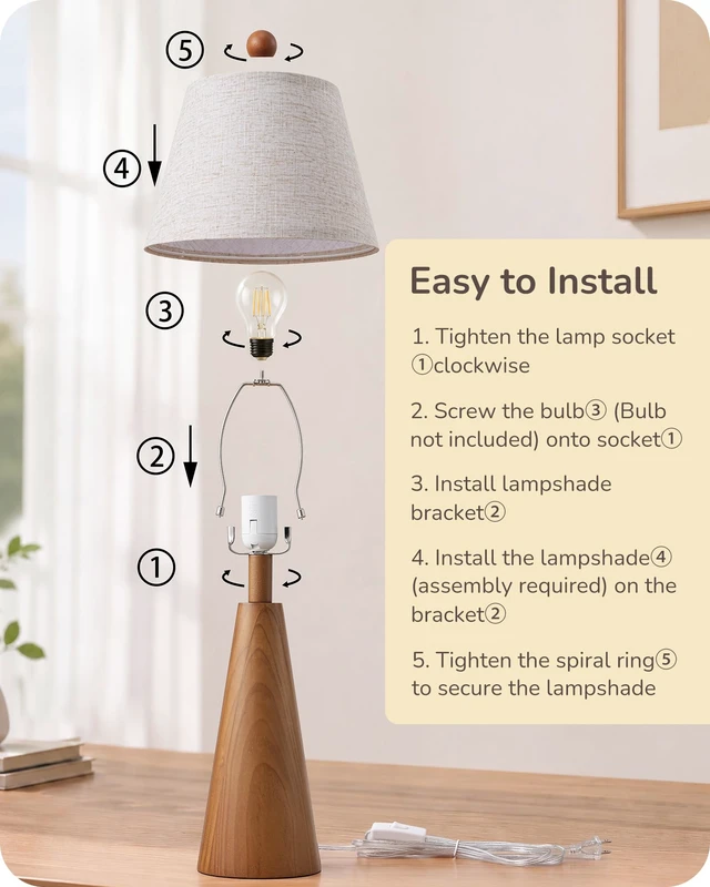 Alt view image 5 of 7 - Mid Century Table Lamp, Tapered Walnut Wood Base, E26 Socket | 22Inch High, Beige Linen Lampshade, ON-OFF Switch, Tall Bedside Lamp for Living Room, Bedroom, Office