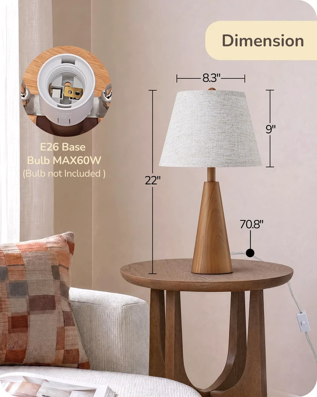 Alt view image 4 of 7 - Mid Century Table Lamp, Tapered Walnut Wood Base, E26 Socket | 22Inch High, Beige Linen Lampshade, ON-OFF Switch, Tall Bedside Lamp for Living Room, Bedroom, Office