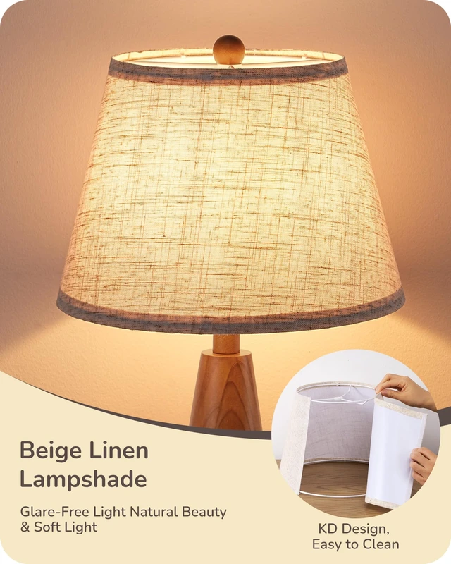 Alt view image 3 of 7 - Mid Century Table Lamp, Tapered Walnut Wood Base, E26 Socket | 22Inch High, Beige Linen Lampshade, ON-OFF Switch, Tall Bedside Lamp for Living Room, Bedroom, Office