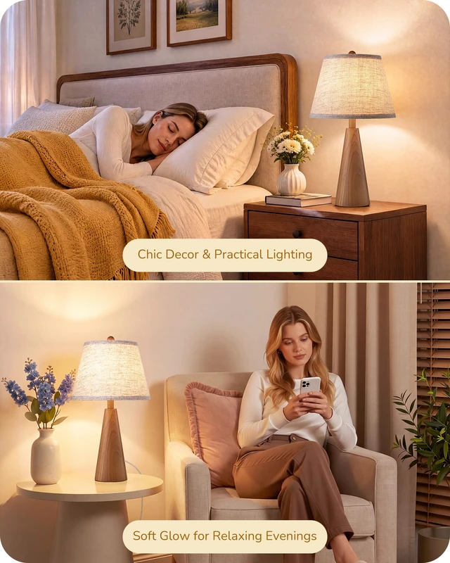 Alt view image 6 of 7 - Mid Century Table Lamp, Tapered Walnut Wood Base, E26 Socket | 22Inch High, Beige Linen Lampshade, ON-OFF Switch, Tall Bedside Lamp for Living Room, Bedroom, Office