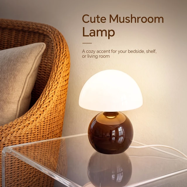 Alt view image 2 of 7 - Mushroom Lamp Table Lamp for Bedroom-Small Desk Table Lamps,Coffee | 8.7" Mid Century Modern Table Lamps for Living Room Bedroom Decor,Cute Ceramic Lamps for Mushroom Home Room Decor,Glass Shade