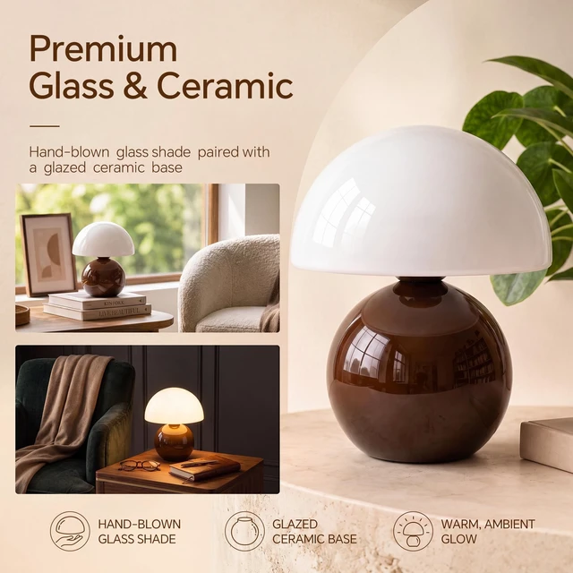 Alt view image 3 of 7 - Mushroom Lamp Table Lamp for Bedroom-Small Desk Table Lamps,Coffee | 8.7" Mid Century Modern Table Lamps for Living Room Bedroom Decor,Cute Ceramic Lamps for Mushroom Home Room Decor,Glass Shade