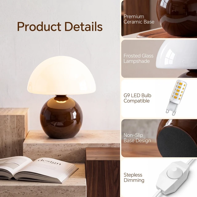 Alt view image 5 of 7 - Mushroom Lamp Table Lamp for Bedroom-Small Desk Table Lamps,Coffee | 8.7" Mid Century Modern Table Lamps for Living Room Bedroom Decor,Cute Ceramic Lamps for Mushroom Home Room Decor,Glass Shade