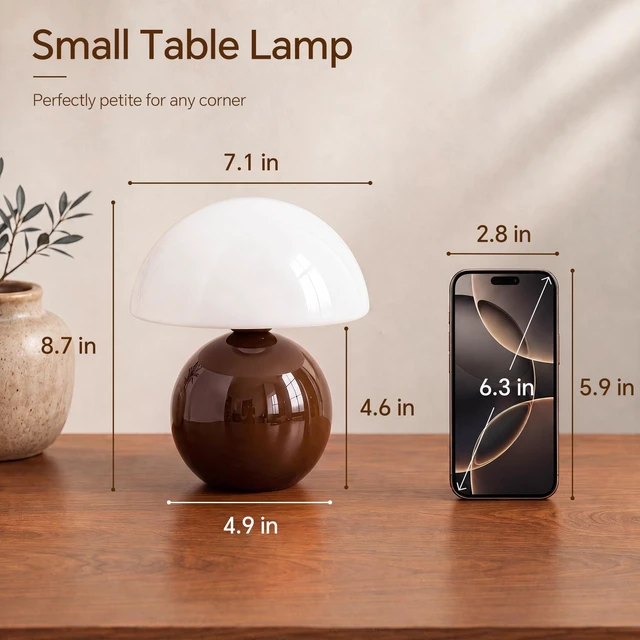 Alt view image 6 of 7 - Mushroom Lamp Table Lamp for Bedroom-Small Desk Table Lamps,Coffee | 8.7" Mid Century Modern Table Lamps for Living Room Bedroom Decor,Cute Ceramic Lamps for Mushroom Home Room Decor,Glass Shade